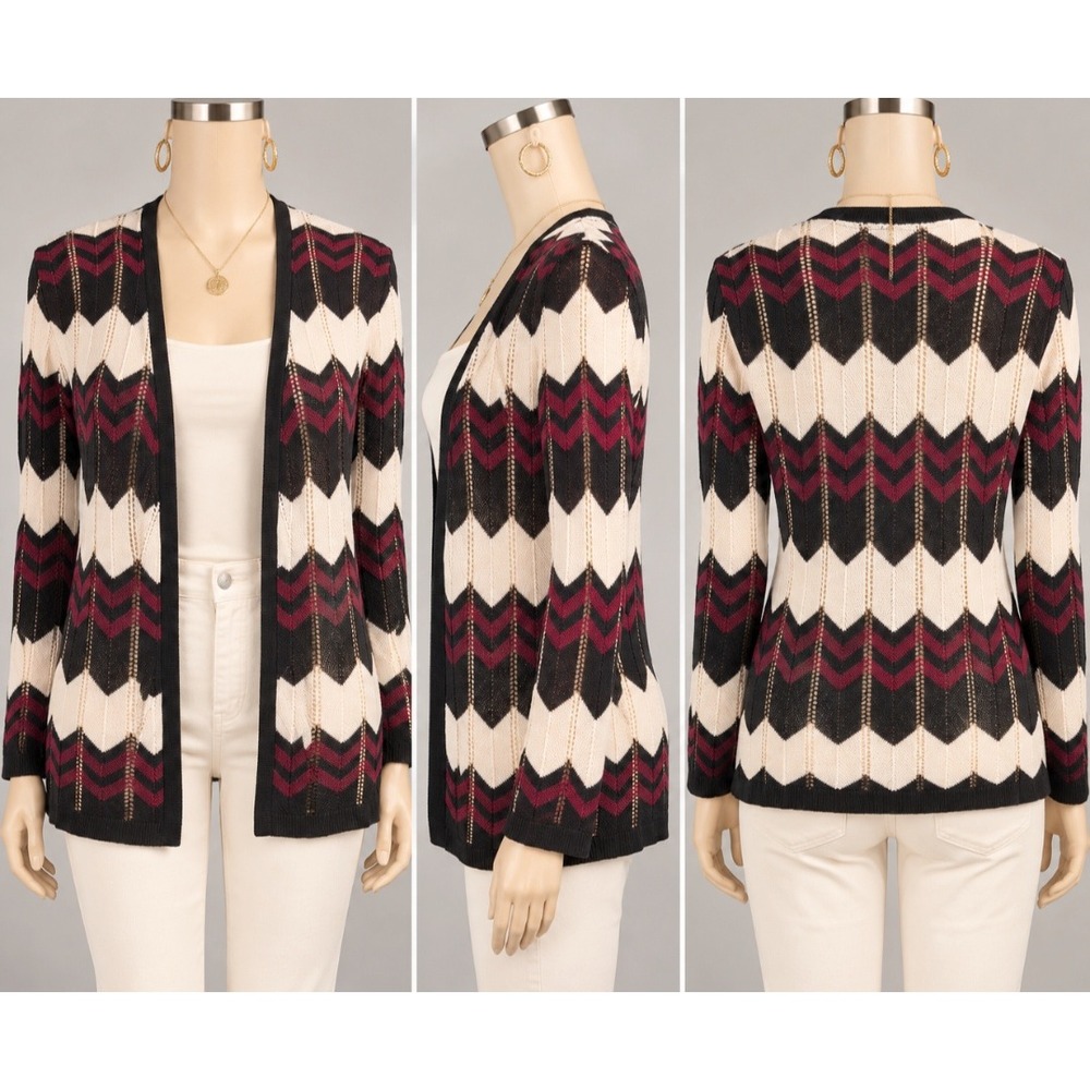 Stitches & Co Womens Sz L Chevron Pointelle Open Front Cardigan Black Burgundy